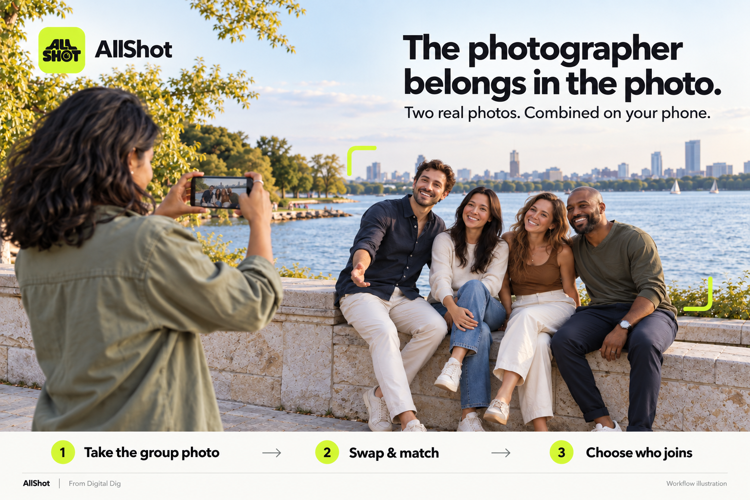 AllShot outdoor campaign illustration featuring friends together, with framing graphics linking the scene to the group-photo camera app.